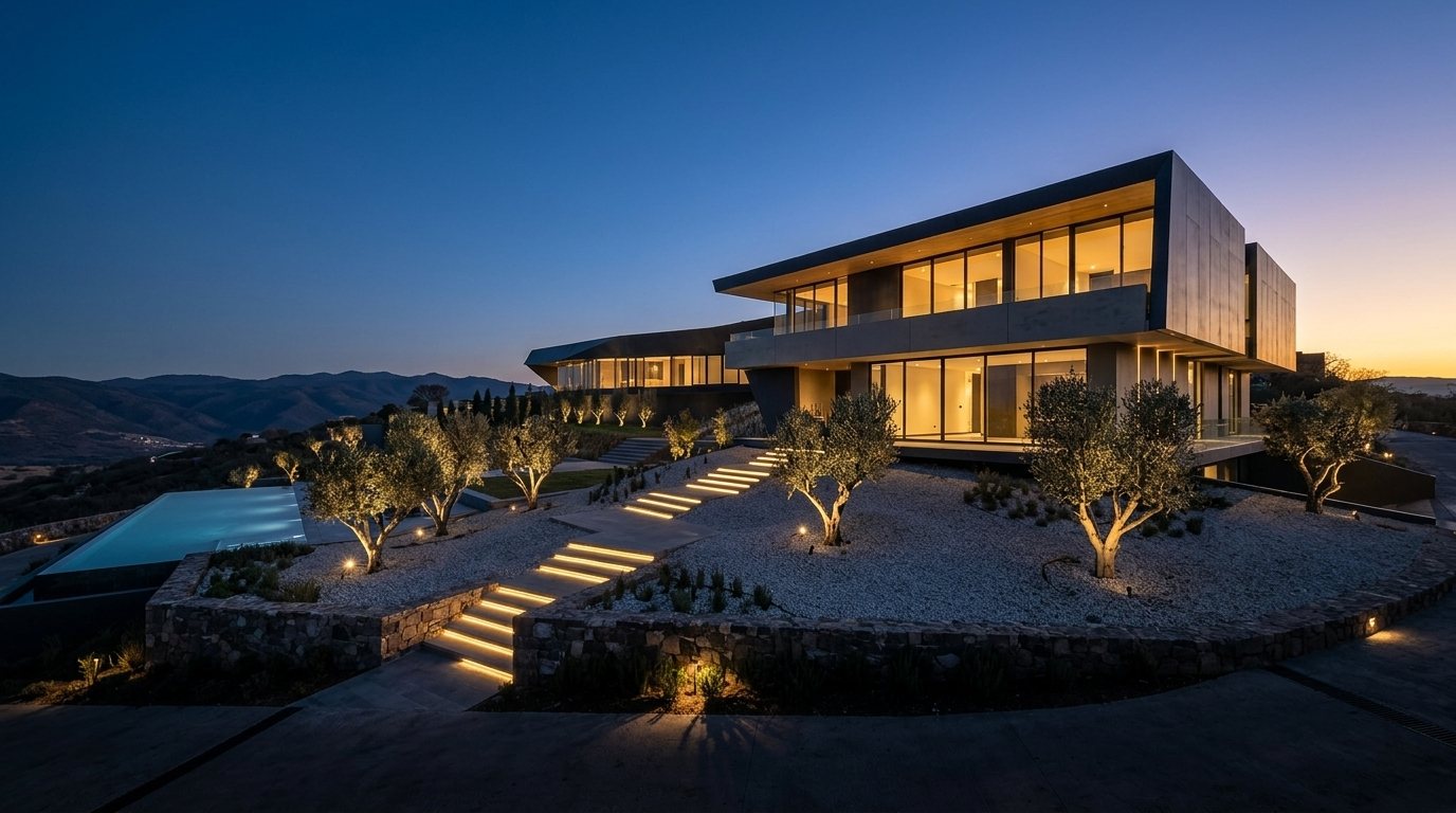 Residencia moderna construida por Construcciones LUGA al atardecer